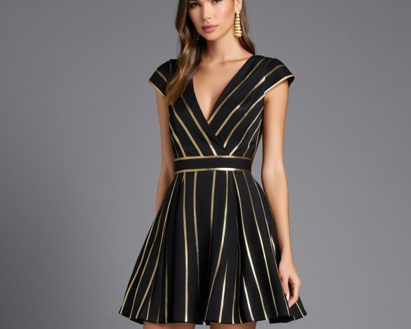 Black Dress with Gold Stripes and V-Neckline