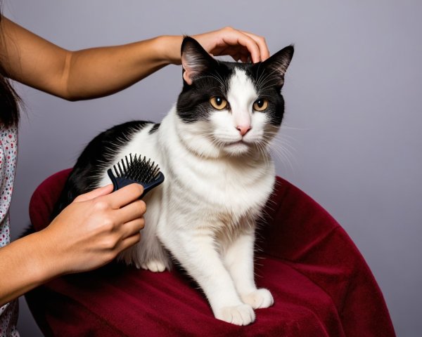 Grooming a Relaxed Black and White Cat on a Chair