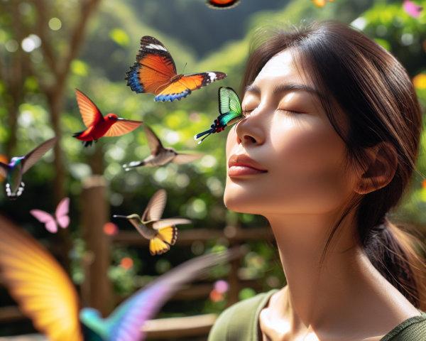 Serene Woman in Lush Garden Surrounded by Wildlife