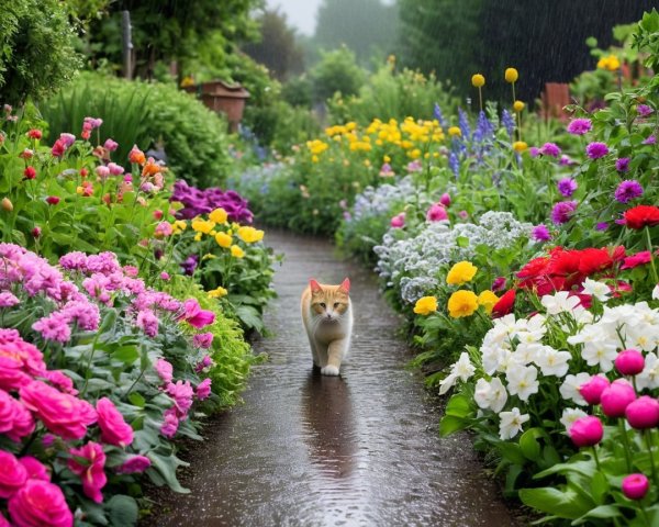 Charming Garden Path with Vibrant Flowers and Cat