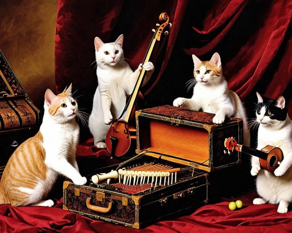 Cats Performing Music on Red Velvet Backdrop
