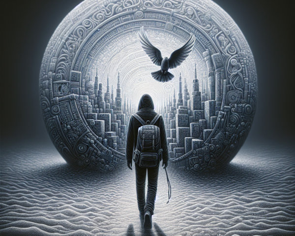 Solitary Figure in Desolate Landscape with Glowing Portal