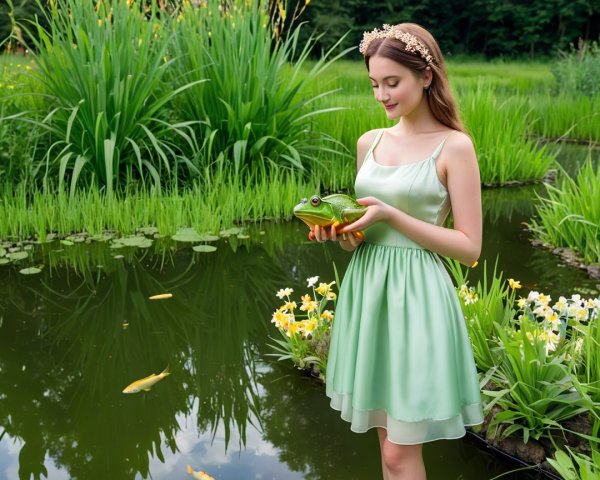 Young woman in green dress by tranquil pond with frog