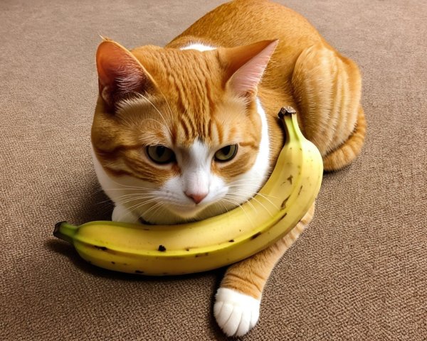 Fluffy Cat on Carpet with Ripe Bananas Nearby