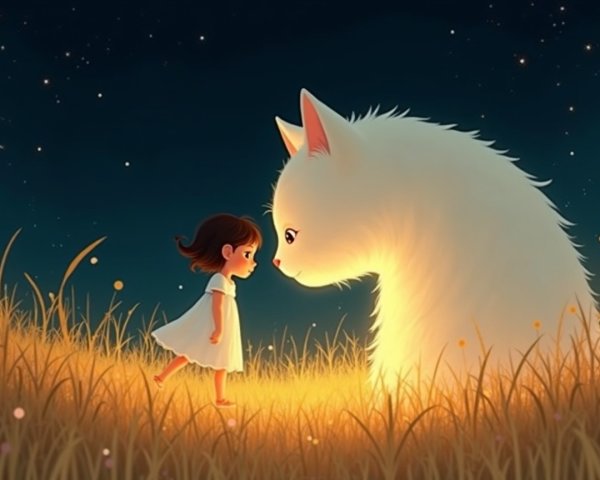 Young girl and fluffy creature in a starry setting