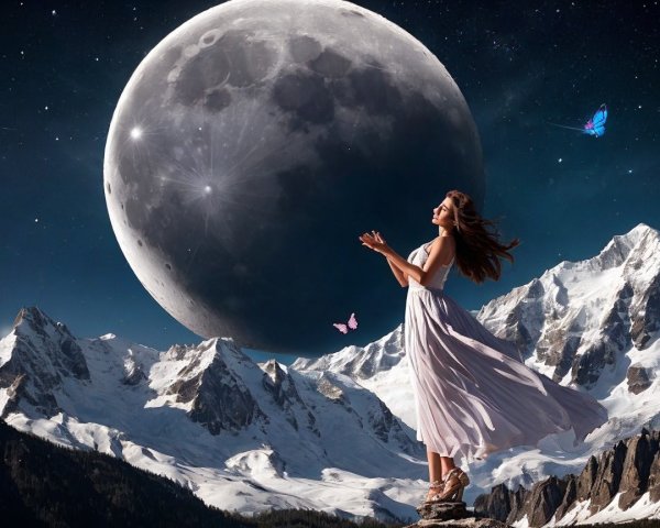 Woman in white dress gazes at a luminous moon