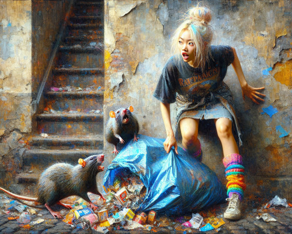 Young girl with white hair in alley with cartoon rats