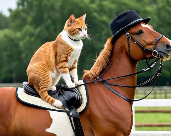Cheerful Cat on Horse in Serene Outdoor Setting