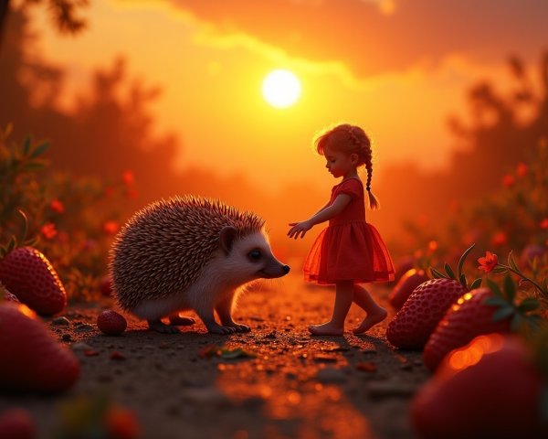Young Girl in Red Dress Meets Hedgehog at Sunset
