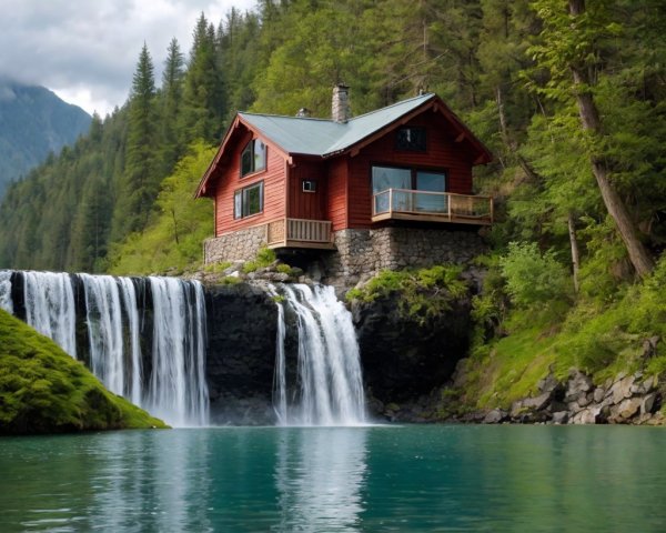 Red Wooden Cabin by Waterfall in Scenic Nature