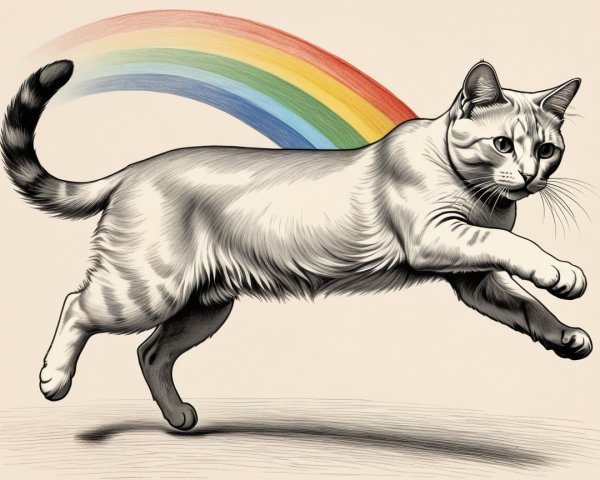 Whimsical Cat Illustration with Rainbow Background