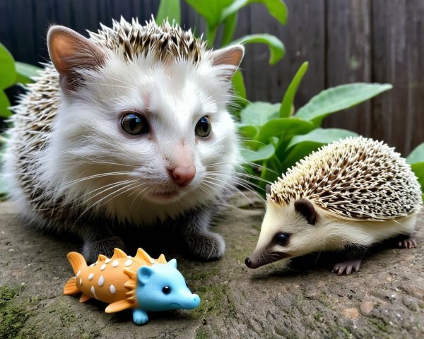 Cat with Spiky Coat and Hedgehog Figure in Nature