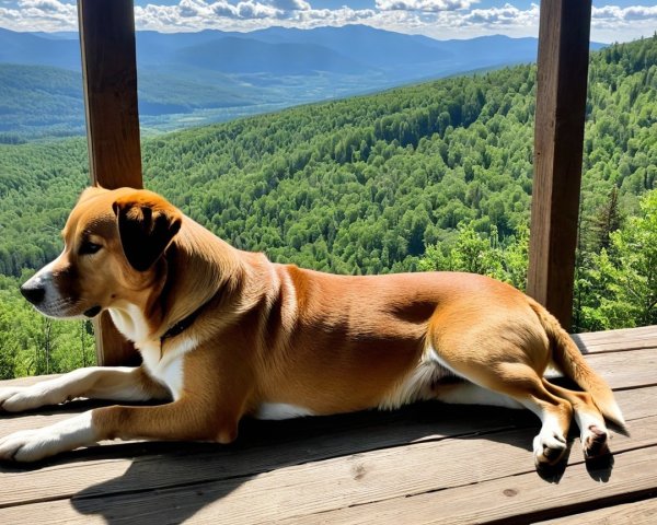 Dog Relaxing on Deck with Mountainous Landscape View