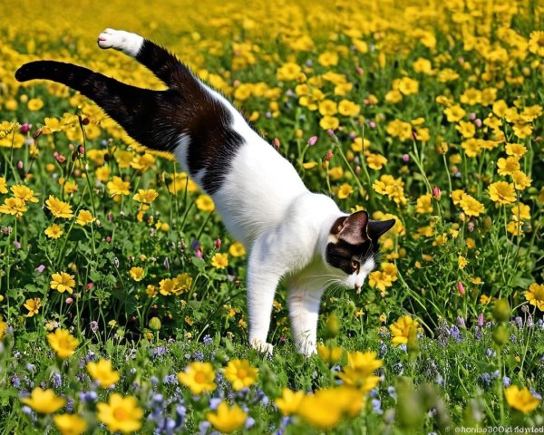 Playful Cat Balancing on One Paw in Flower Field