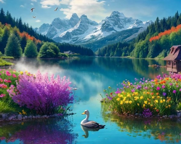 Tranquil Lake Surrounded by Lush Greenery and Mountains