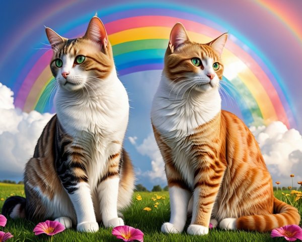Cats in a colorful meadow under a rainbow sky