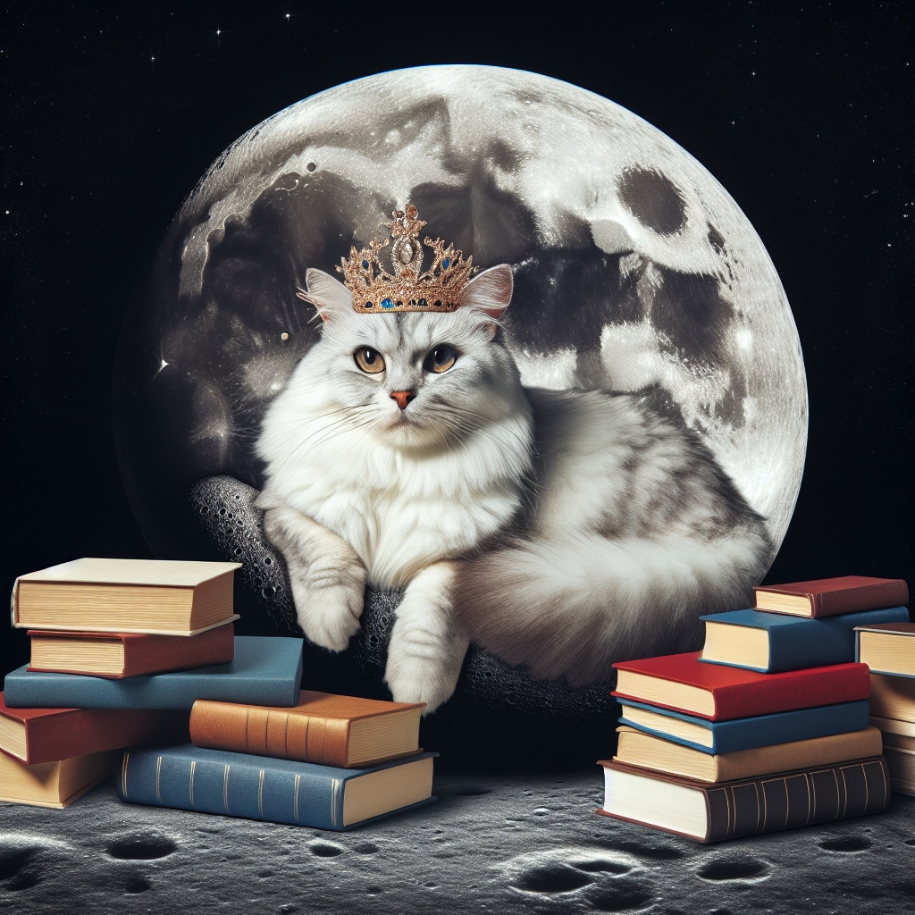 Regal Cat with Crown on Moonlit Rock Surrounded by Books