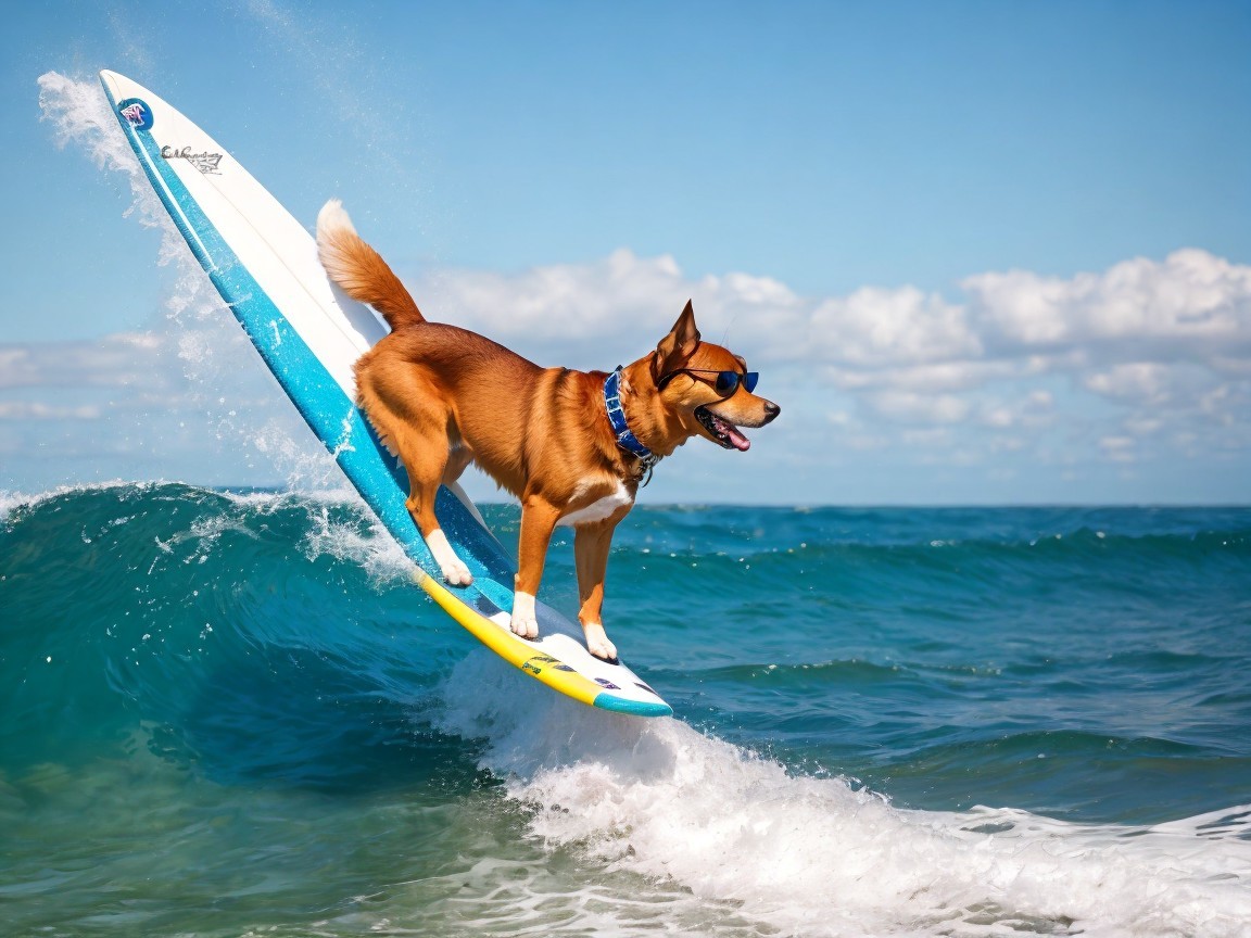 Playful Dog Surfing on Waves with Sunglasses