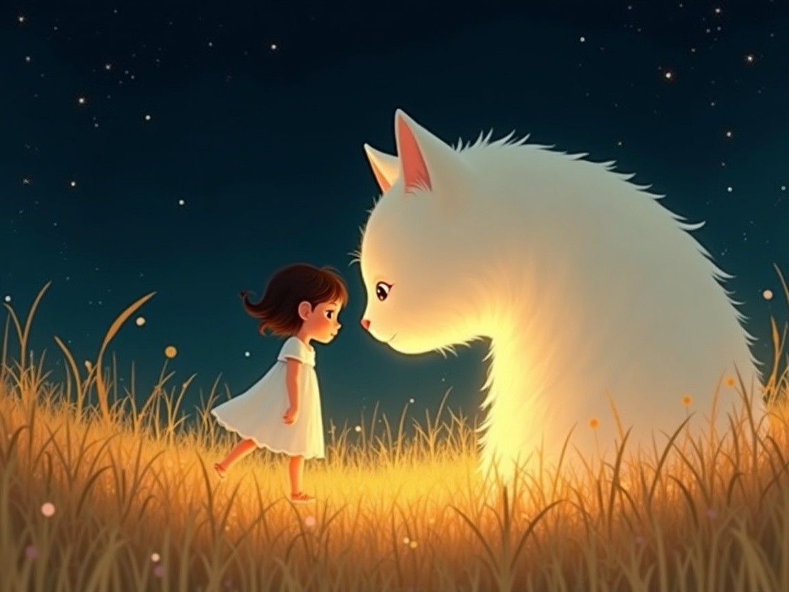 Young girl and fluffy creature in a starry setting
