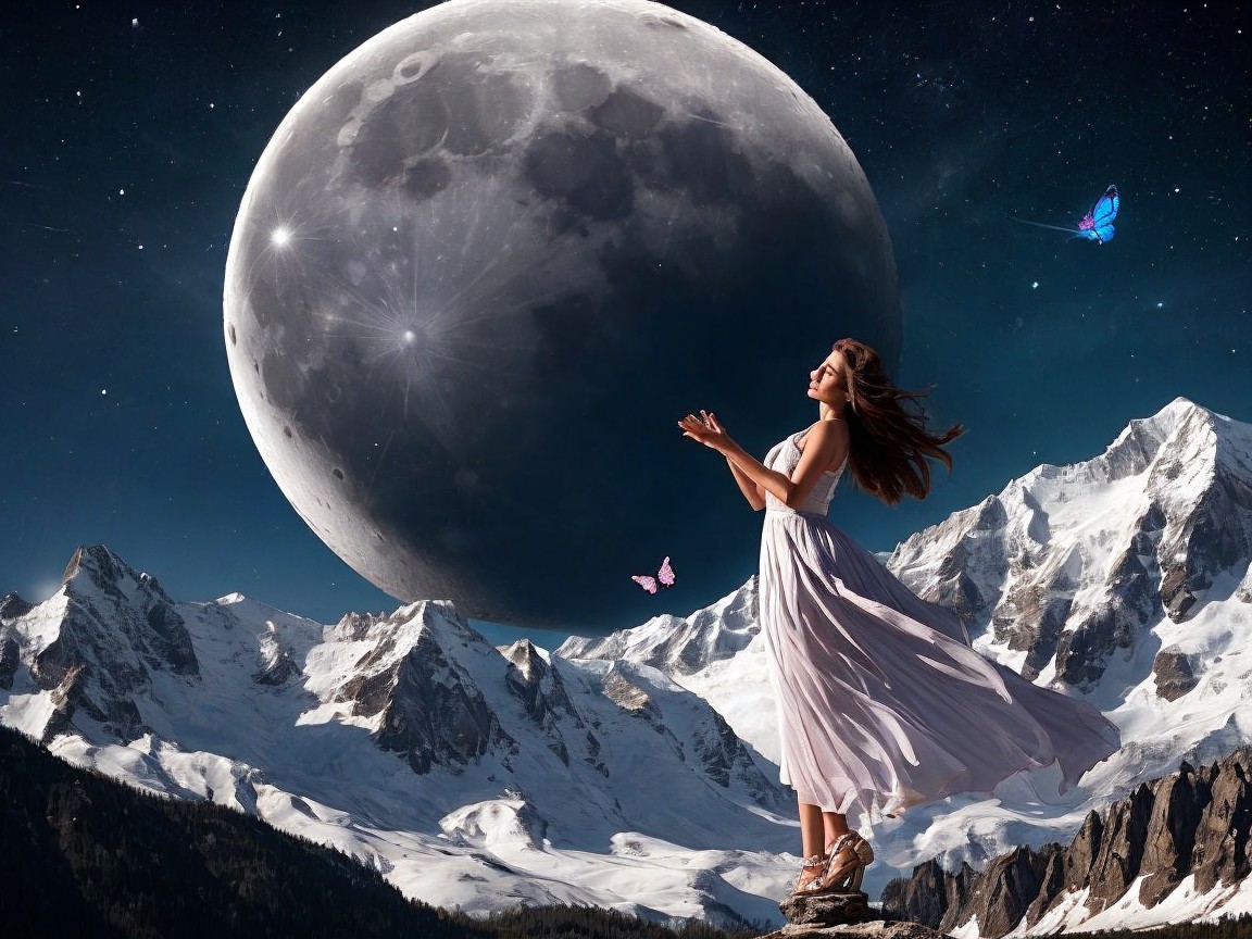 Woman in white dress gazes at a luminous moon