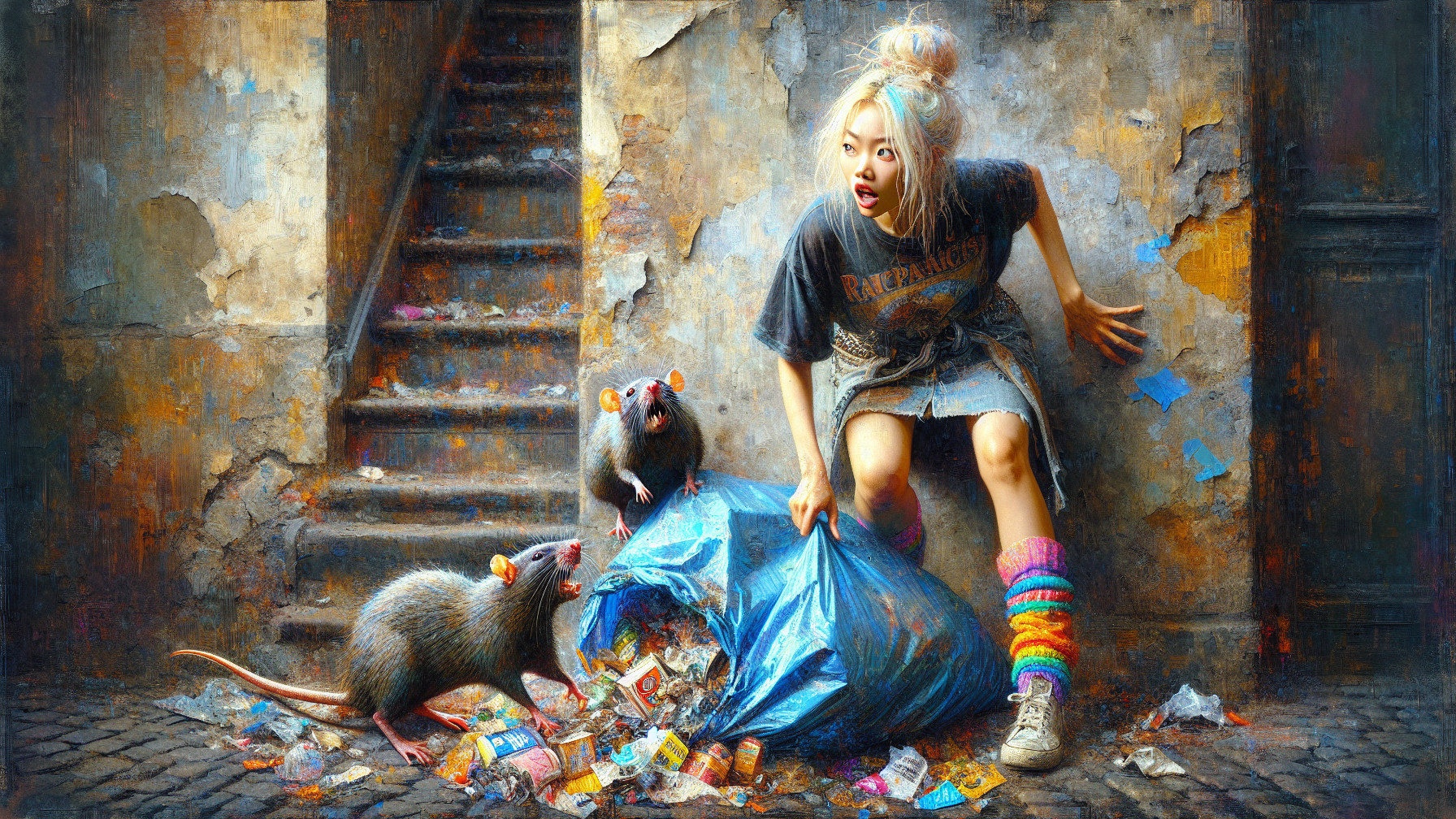 Young girl with white hair in alley with cartoon rats