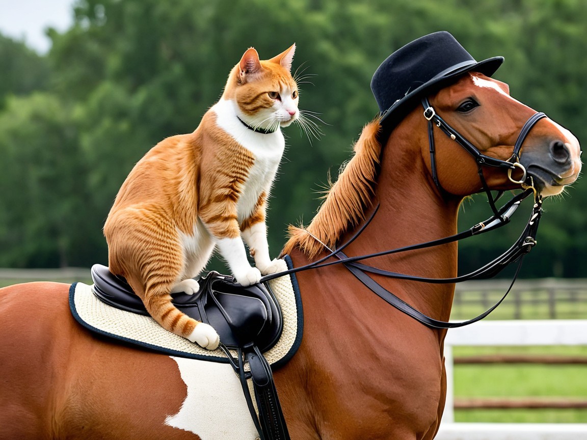 Cheerful Cat on Horse in Serene Outdoor Setting