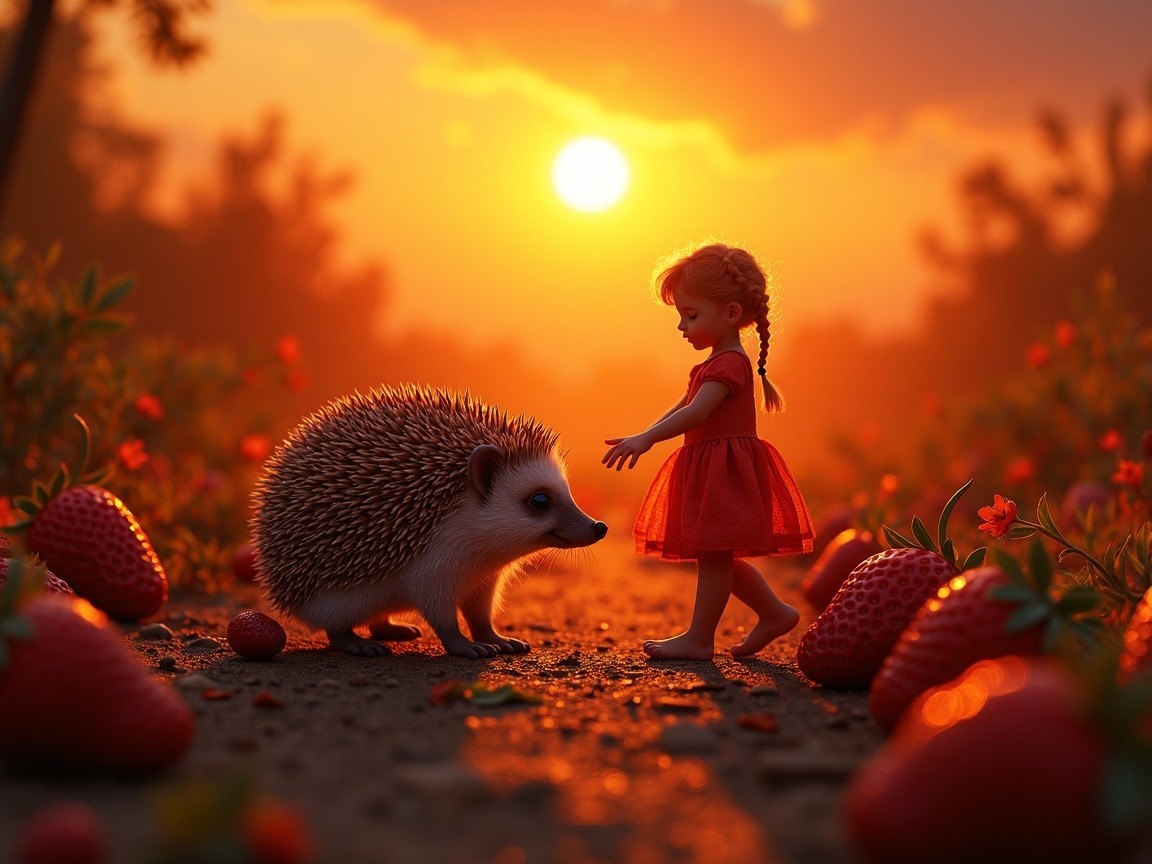 Young Girl in Red Dress Meets Hedgehog at Sunset