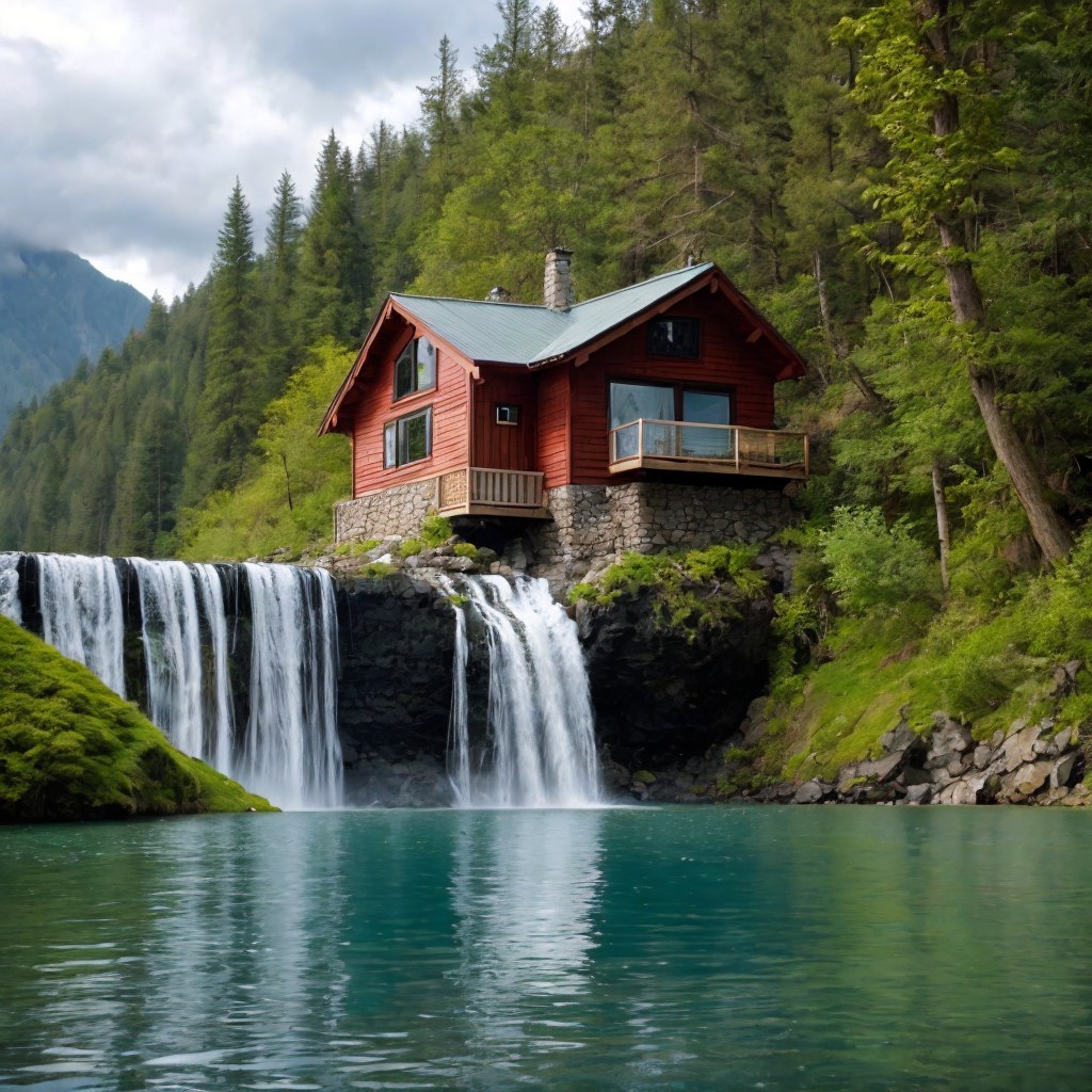 Red Wooden Cabin by Waterfall in Scenic Nature