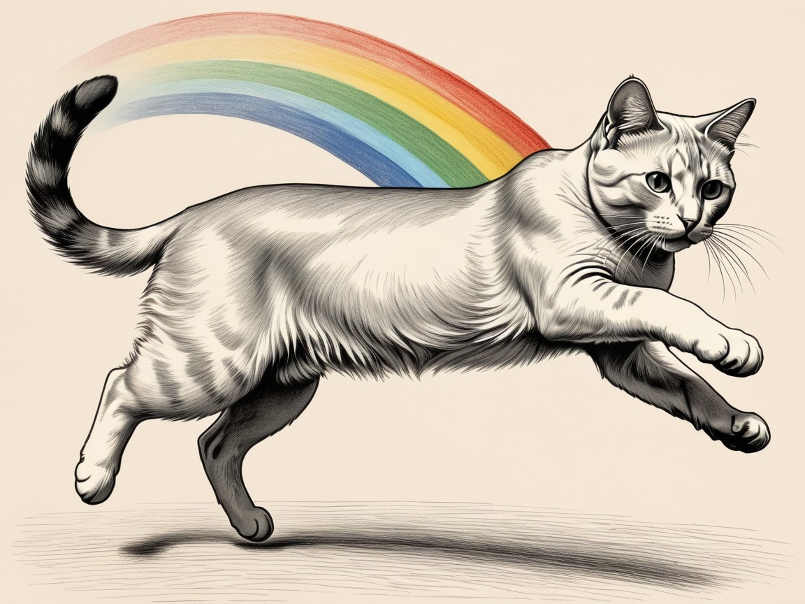 Whimsical Cat Illustration with Rainbow Background