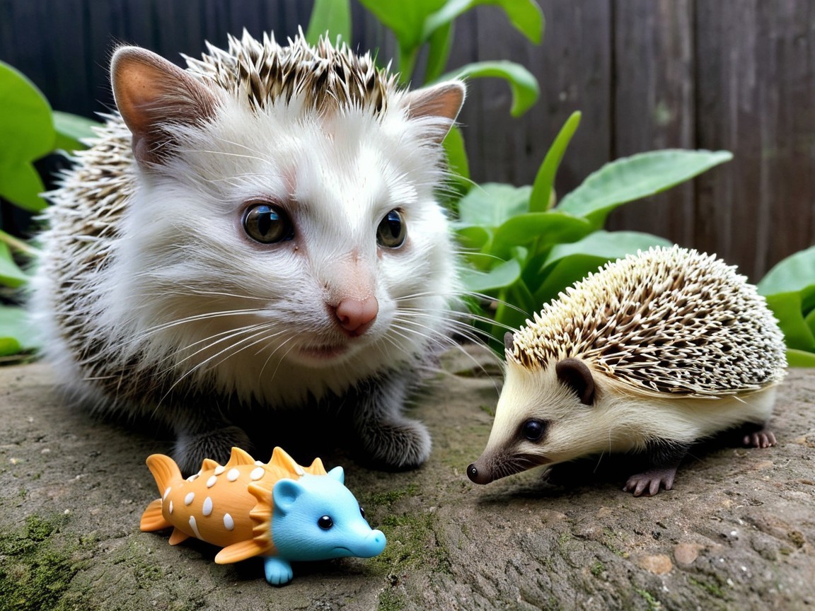 Cat with Spiky Coat and Hedgehog Figure in Nature