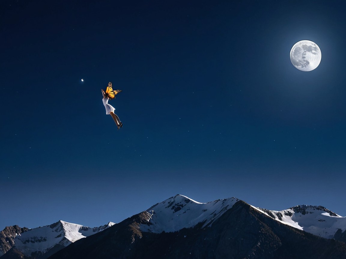 Night Sky with Stars and Full Moon Over Mountains