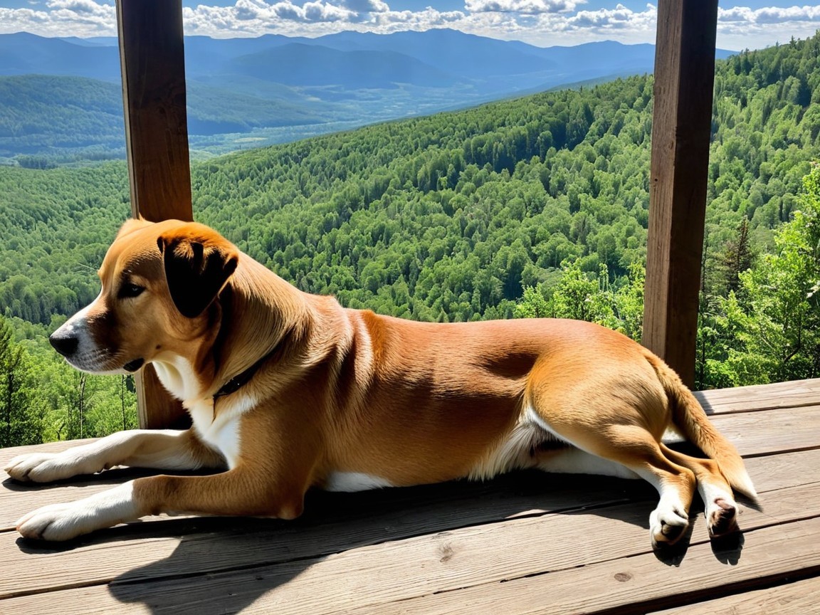 Dog Relaxing on Deck with Mountainous Landscape View
