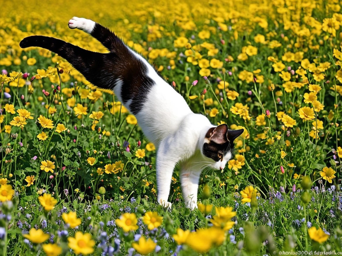 Playful Cat Balancing on One Paw in Flower Field