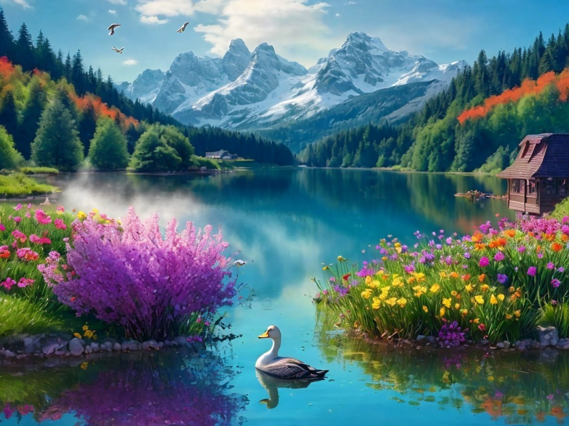 Tranquil Lake Surrounded by Lush Greenery and Mountains