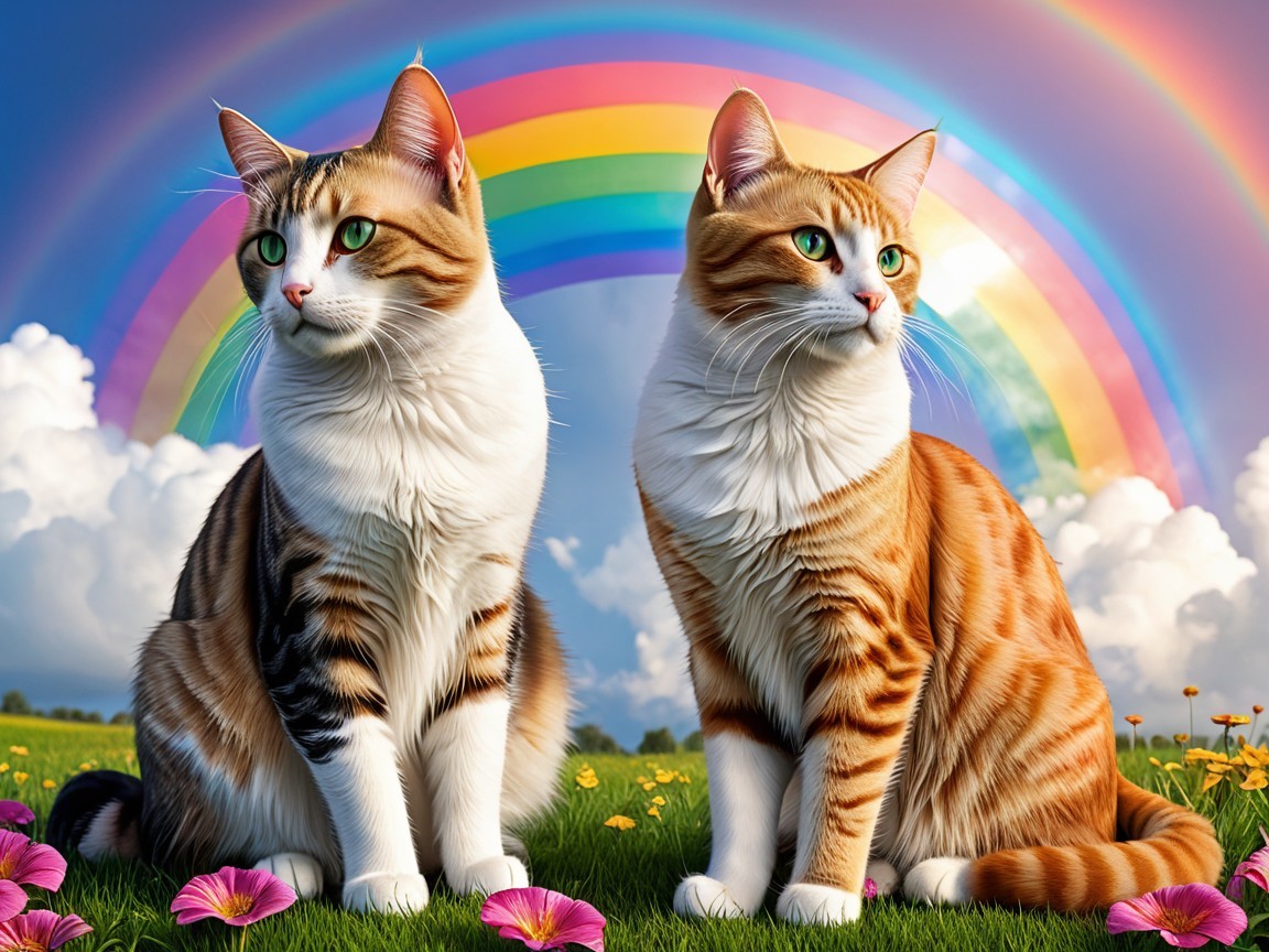Cats in a colorful meadow under a rainbow sky