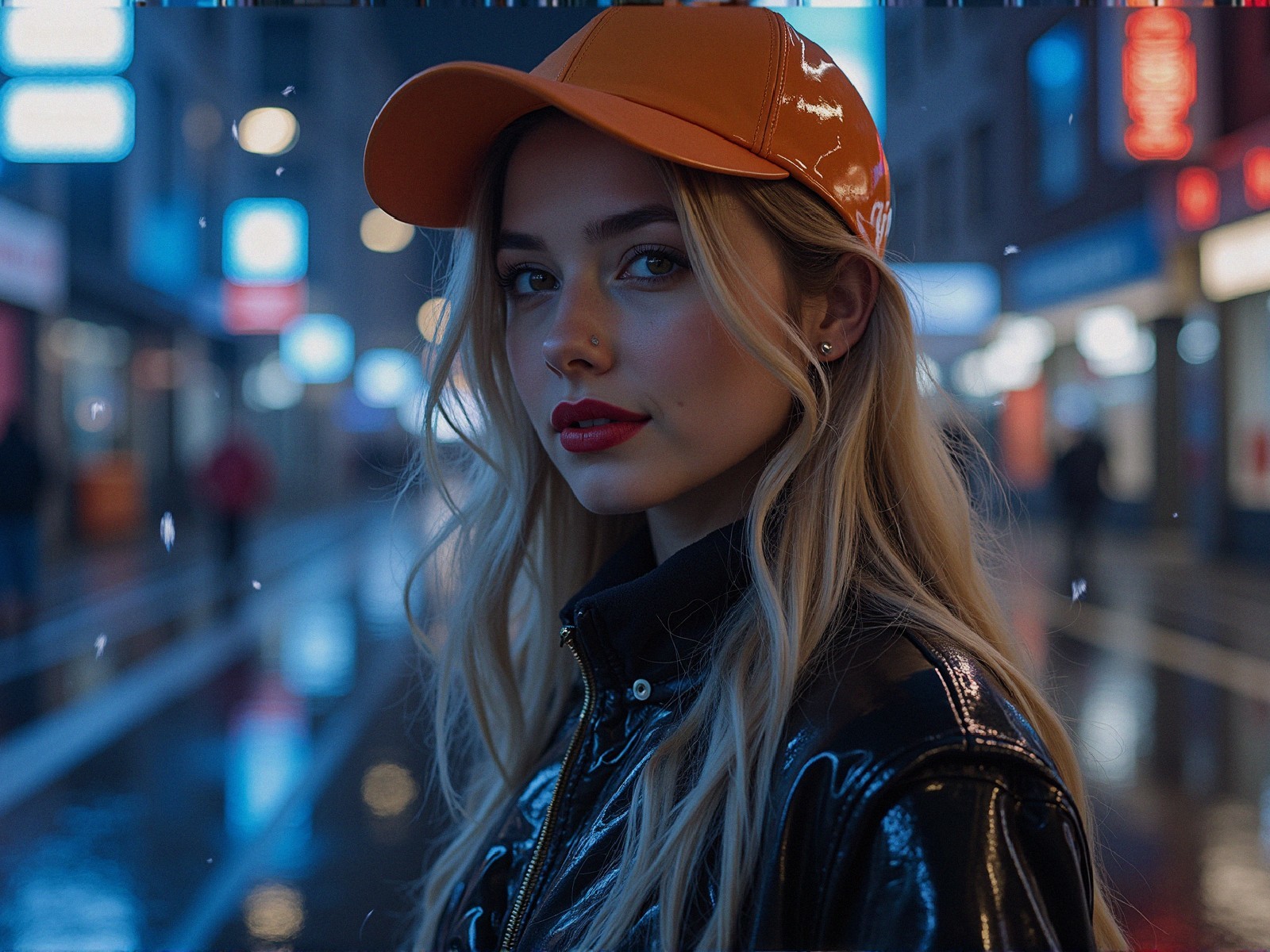Young woman in urban night scene with neon lights