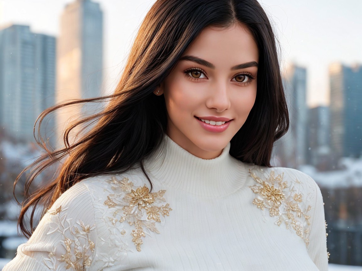 Young woman in cream sweater with city skyline backdrop
