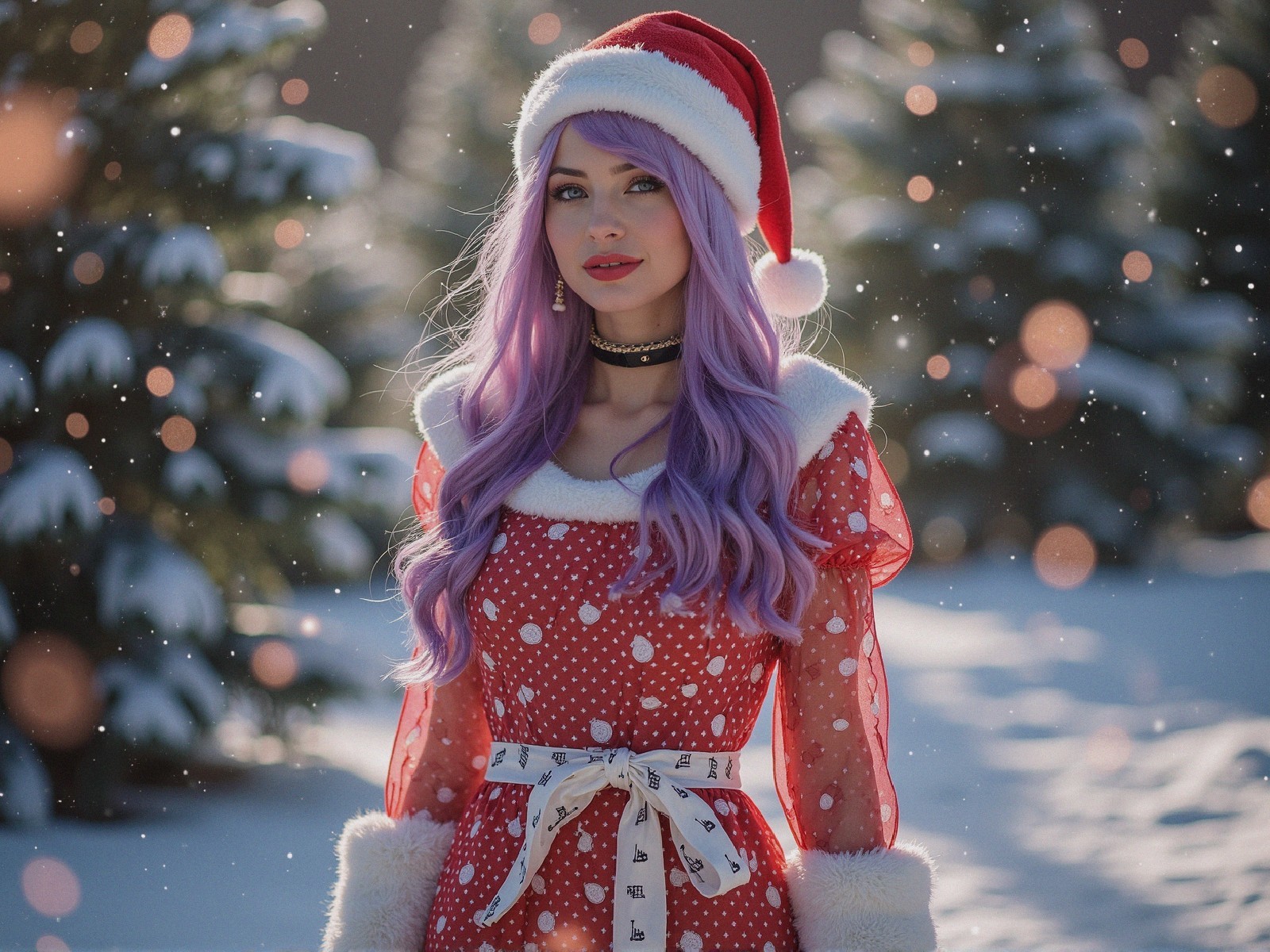 Young Woman in Festive Winter Outfit in Snowy Scene
