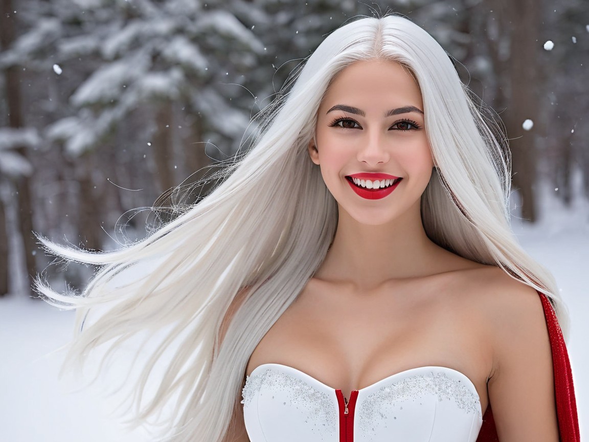 Young Woman in Snowy Forest with Elegant Attire