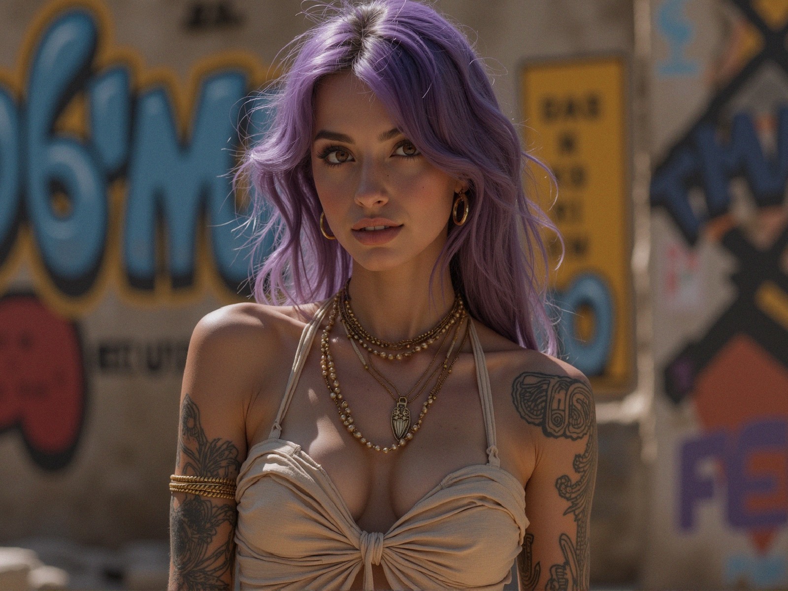 Young Woman with Purple Hair in Graffiti Setting