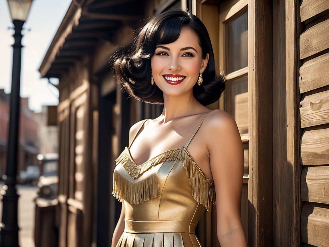 Elegant Woman in Gold Dress by Rustic Building