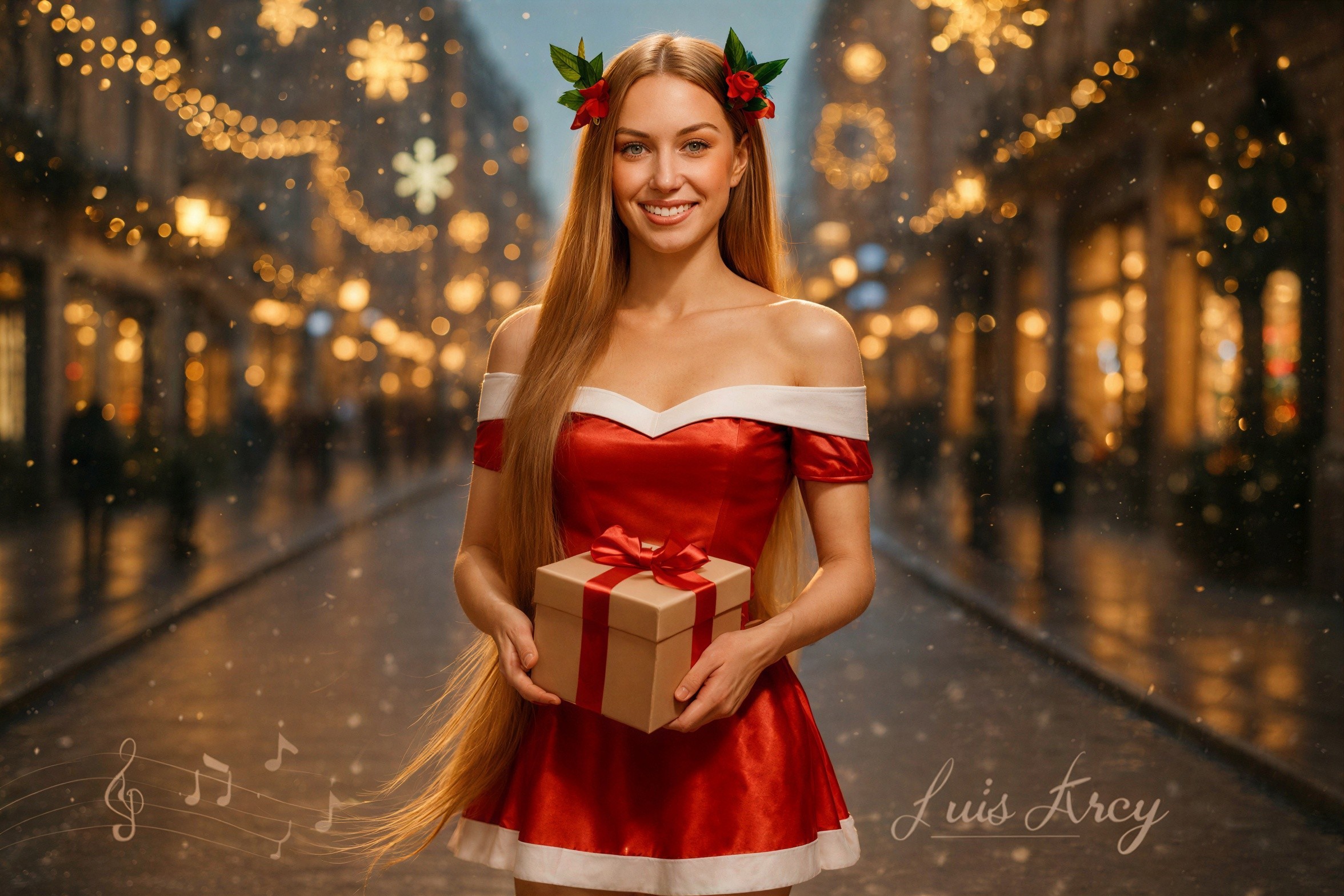 Woman in Red Dress with Gift in Snowy Street Scene