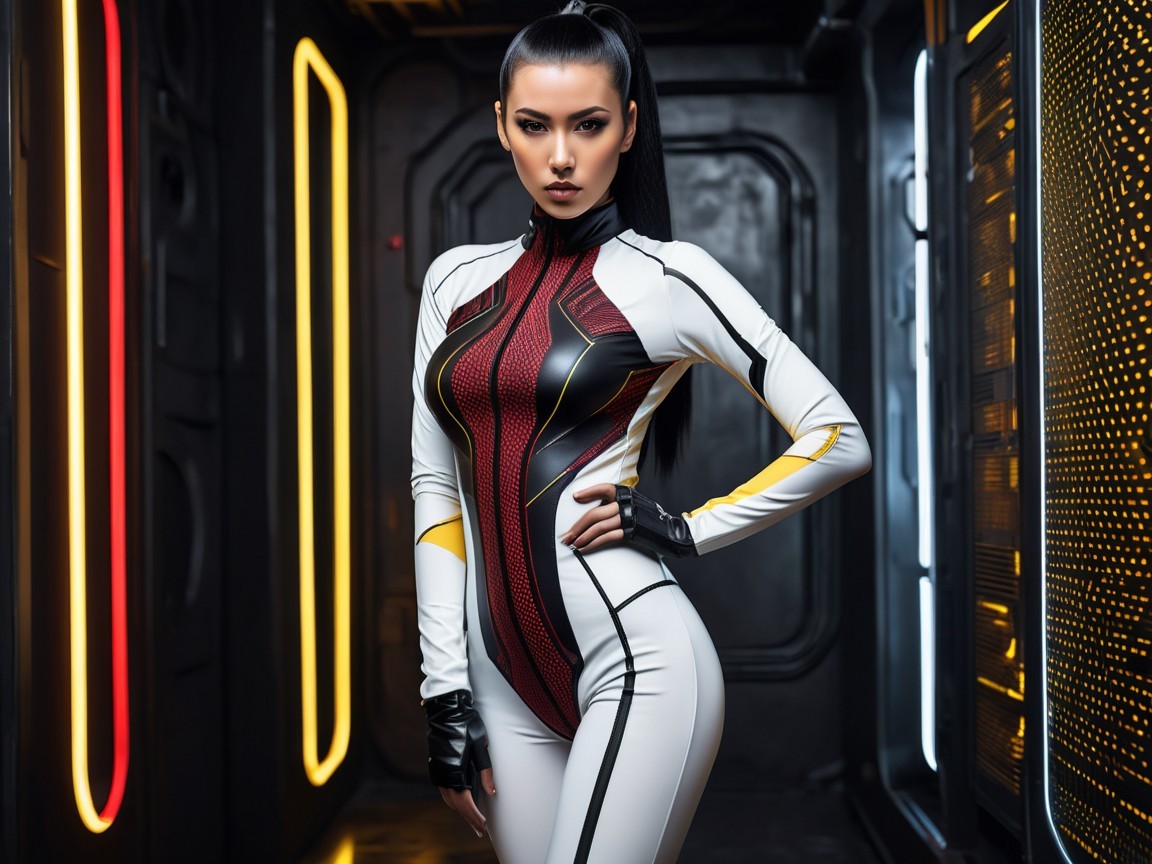 Confident Woman in Futuristic Jumpsuit with Dynamic Lighting
