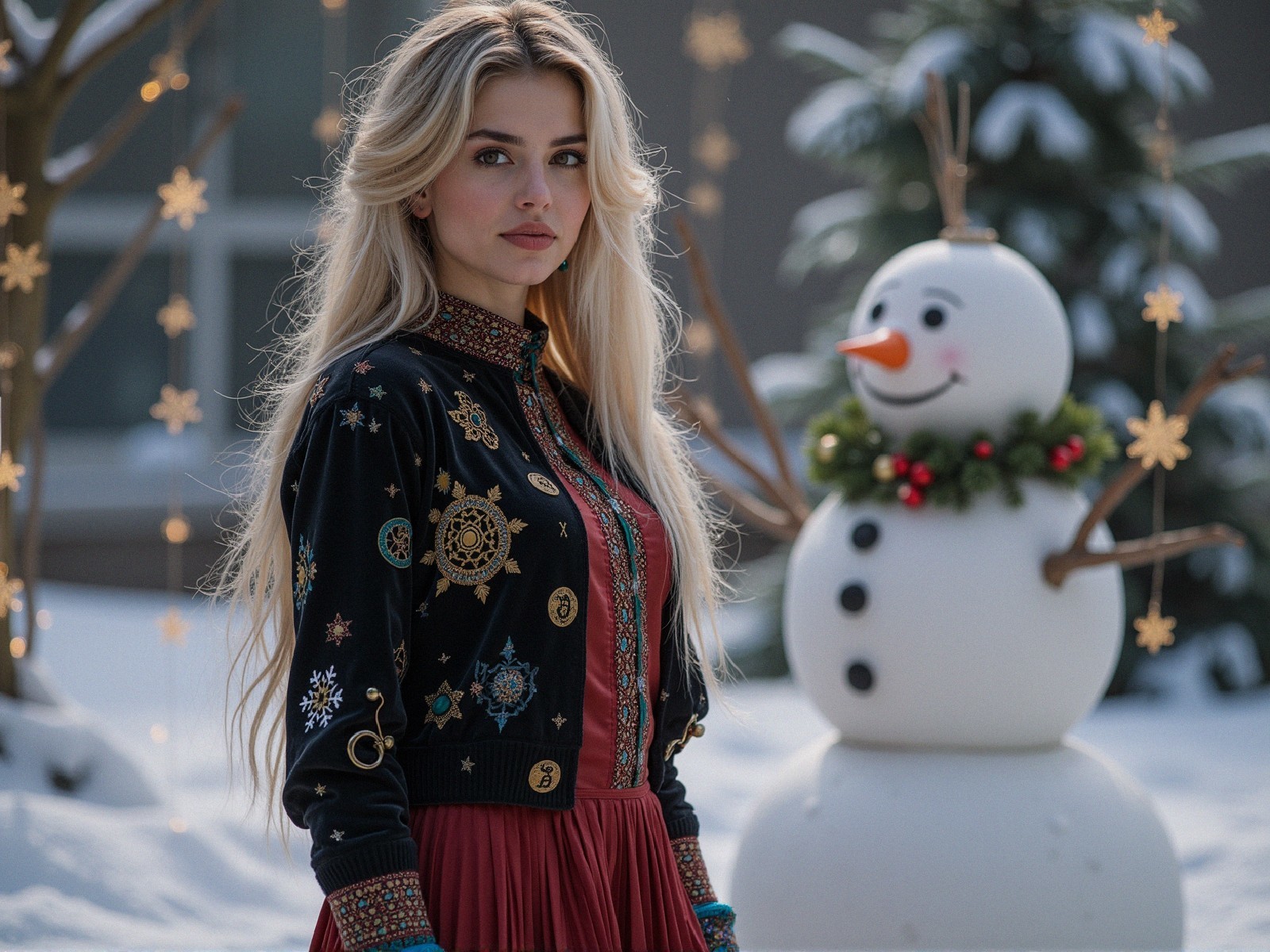 Young woman in snowy setting with festive snowman