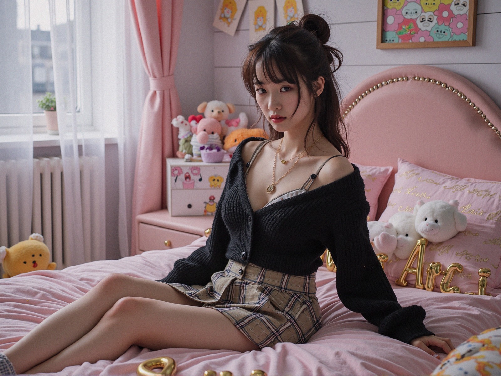 Young woman on pastel pink bed with colorful decor