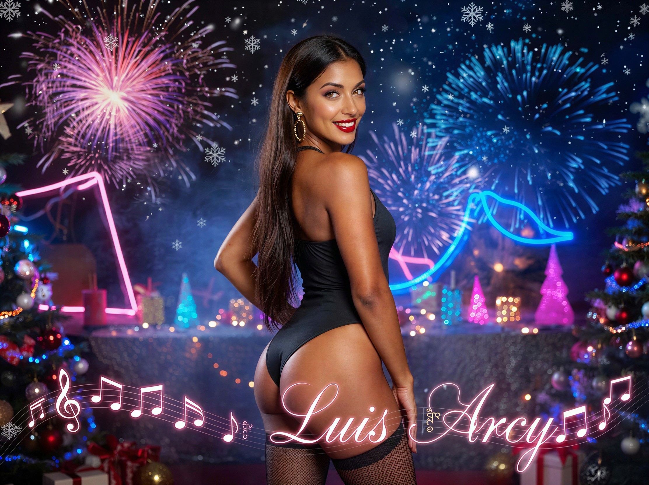 Woman in festive setting with fireworks and Christmas tree