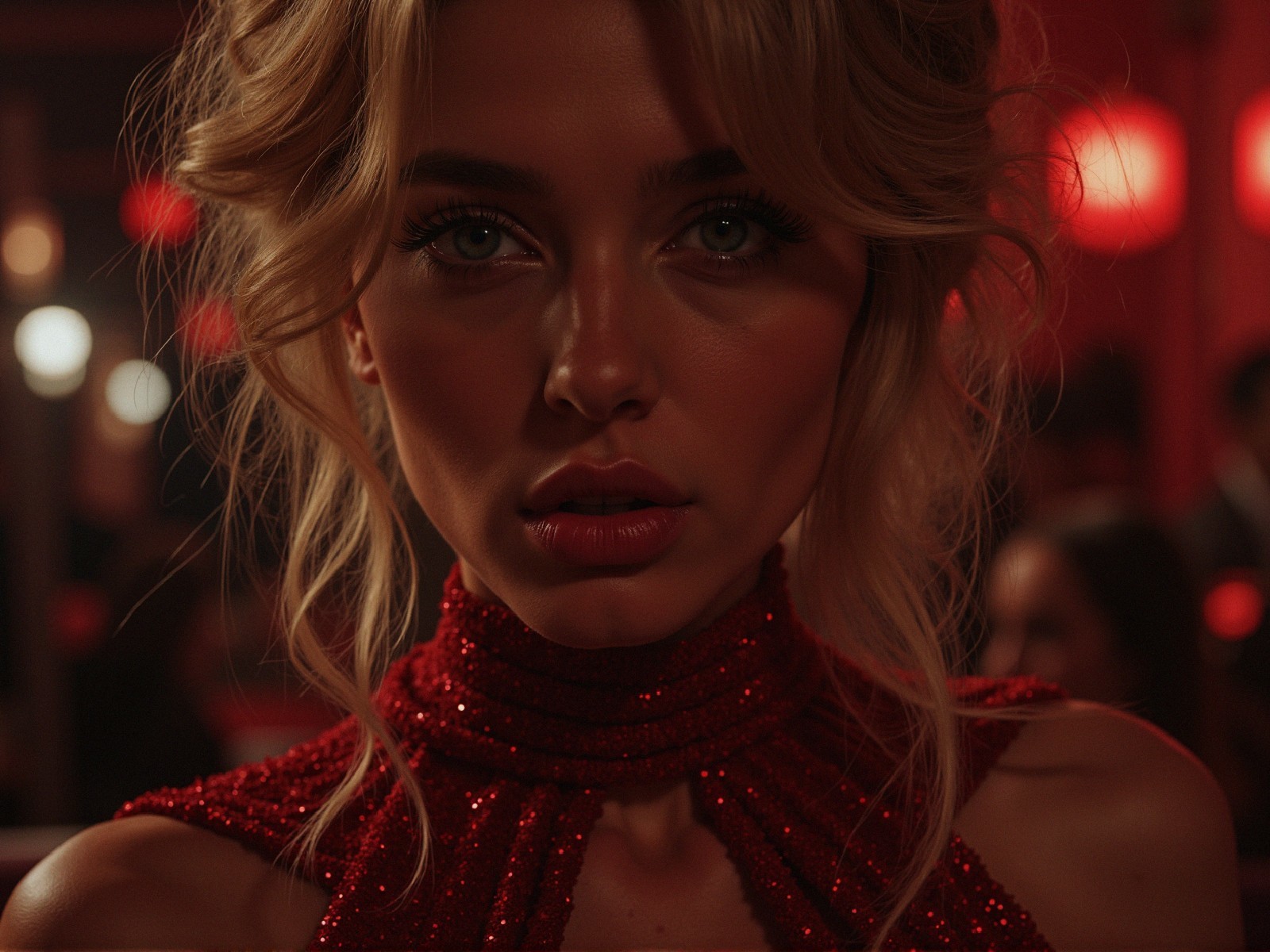 Close-up of a young woman with blonde hair and green eyes