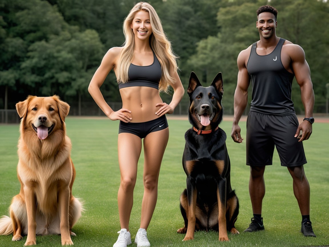 Fit Couple with Dogs in Lush Green Park Setting