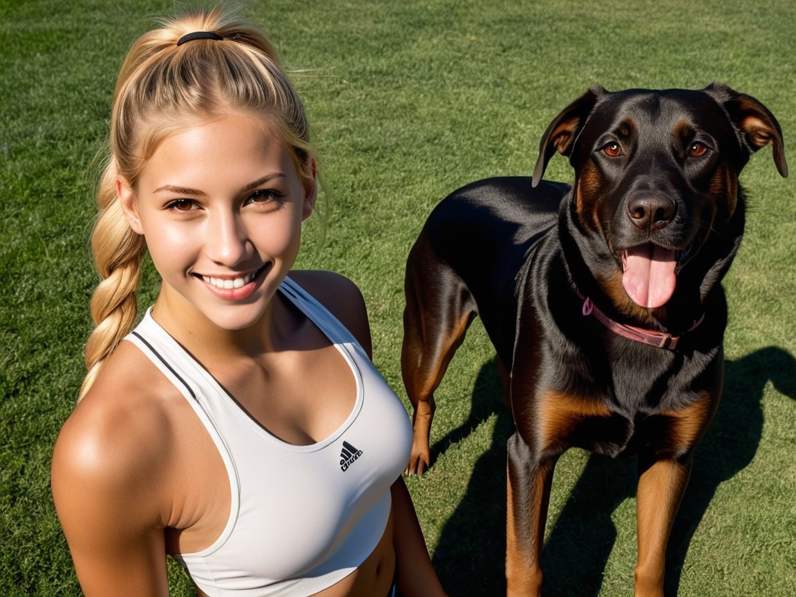 Young Woman and Dog Enjoying a Sunny Day Outdoors