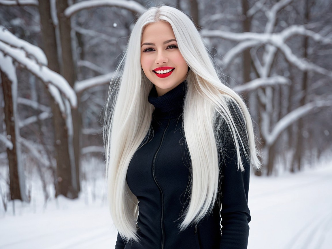 Young woman in snowy forest with platinum hair